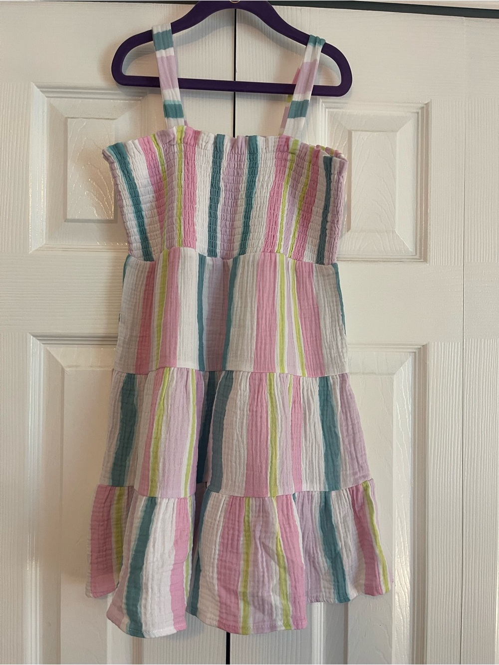 Grayson Threads Pastel Striped Tiered Dress in Pink, Blue & Green
